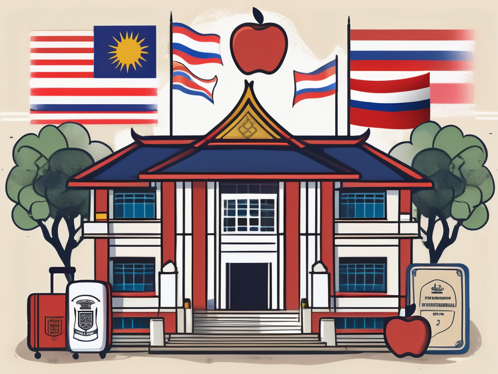 A traditional thai school building with various international flags flying