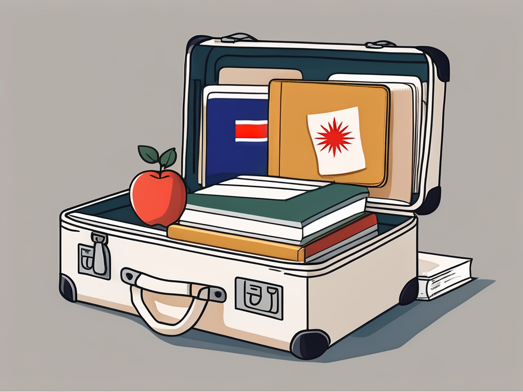 A suitcase open with neatly packed items such as textbooks