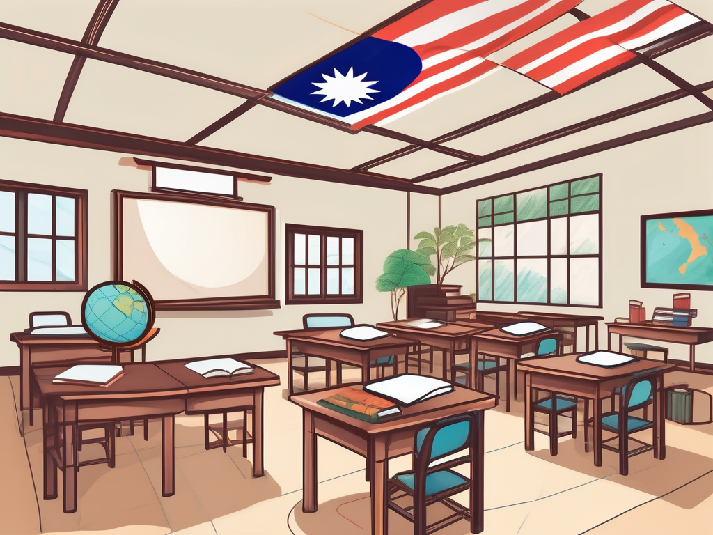 A classroom with thai cultural elements like the national flag