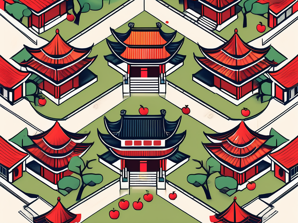 A traditional chinese school building with six different paths leading towards it