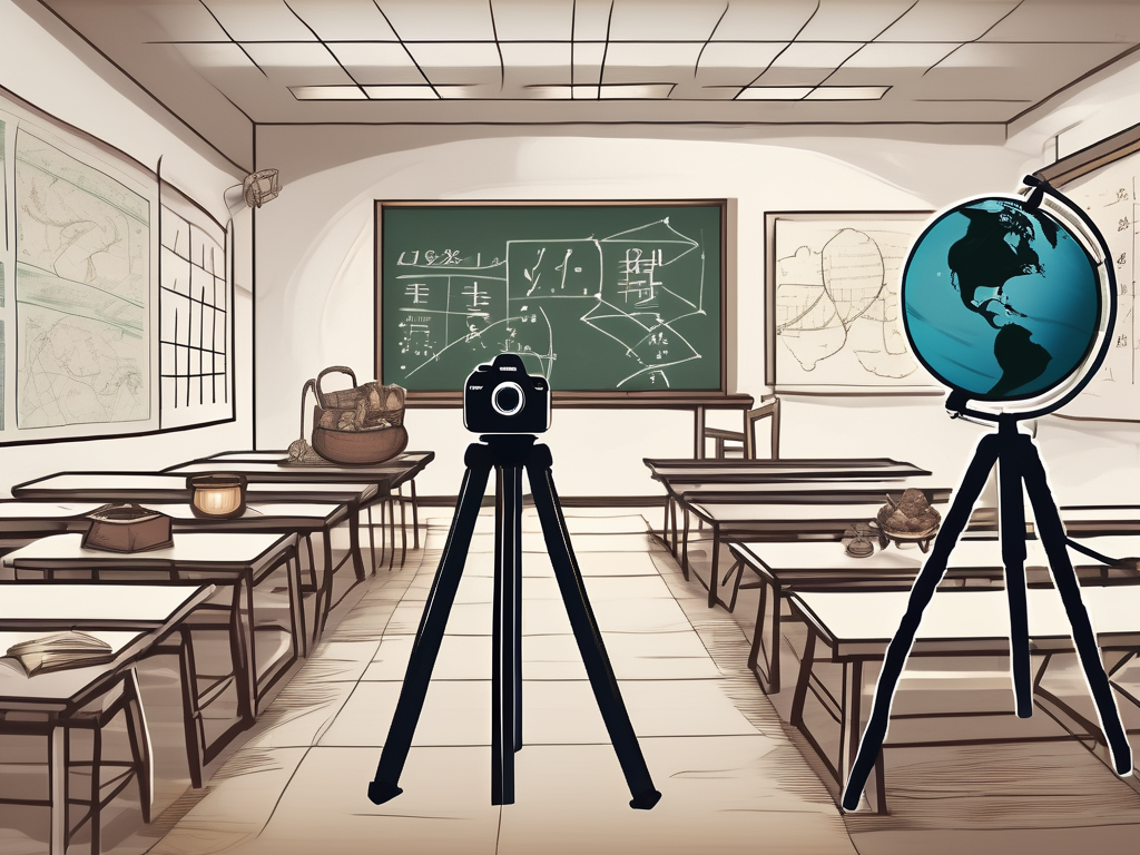 A classroom setting with a camera on a tripod capturing a chalkboard with math equations