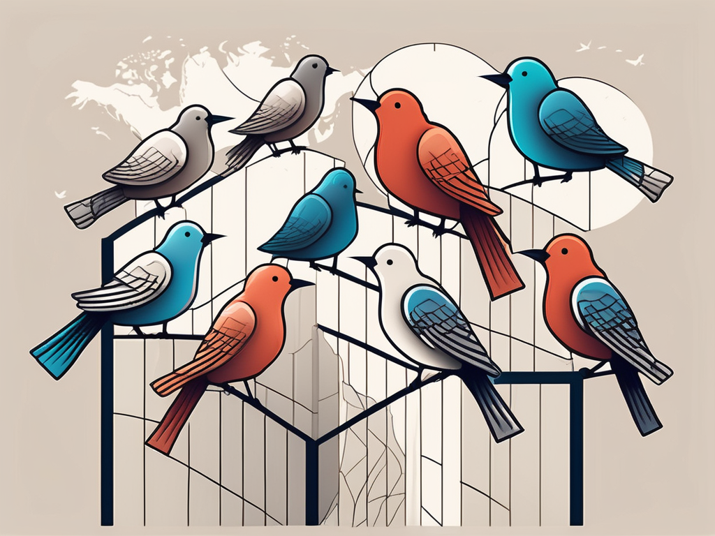 A collection of ten birds perched on a great wall of china structure