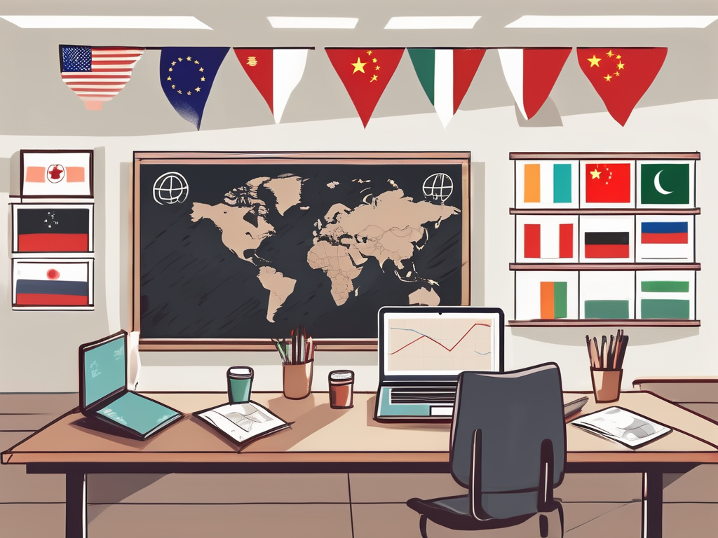 A classroom setting in china with a globe