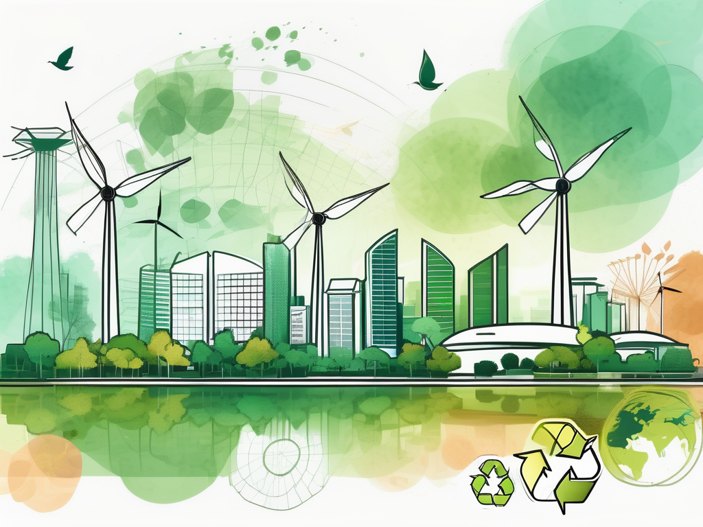 The singapore skyline with various environmental elements like trees