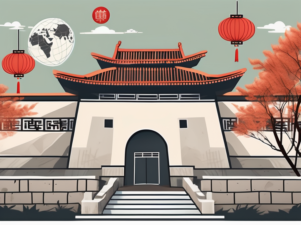 An international school building in china surrounded by iconic chinese symbols like the great wall