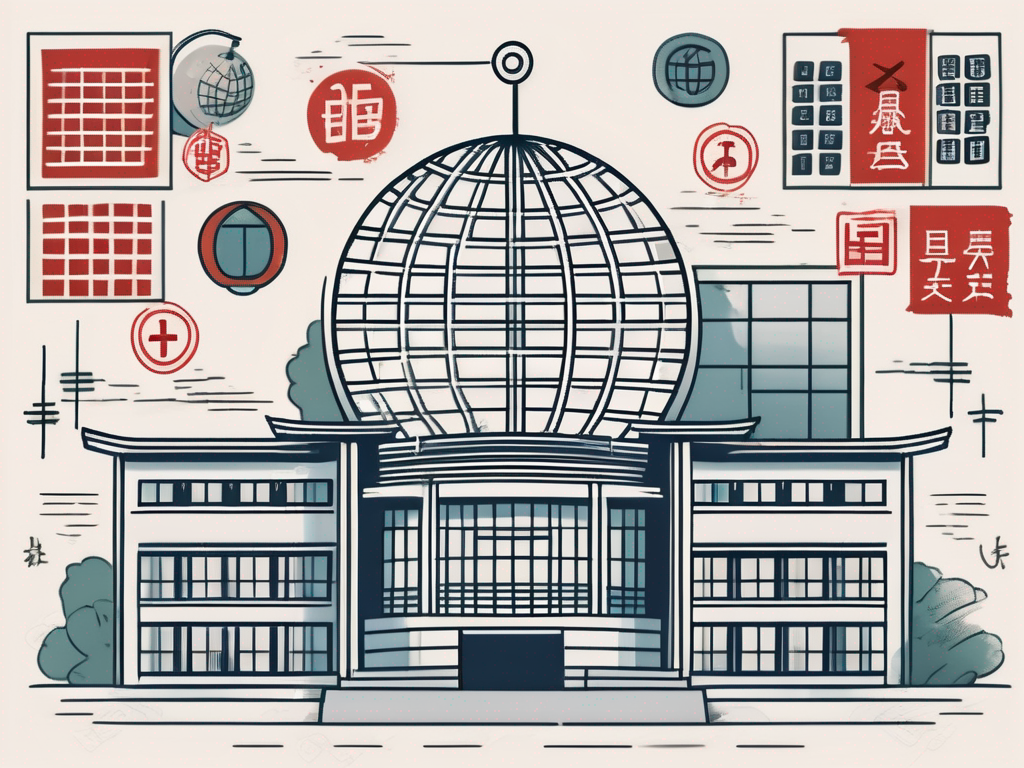 A traditional chinese school building with a globe in the background