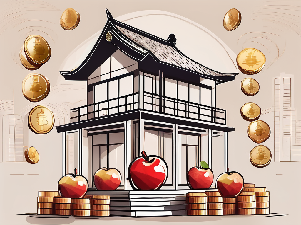 A traditional chinese schoolhouse with a scale balancing apples and coins