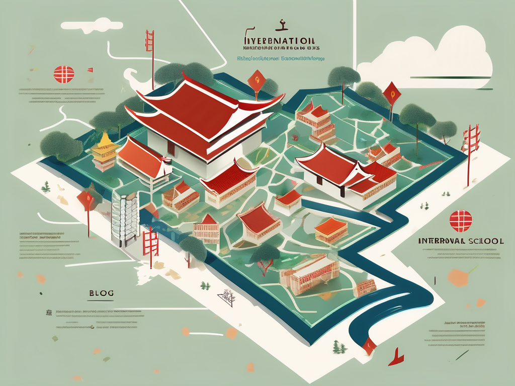 A variety of international school buildings scattered across a stylized map of china