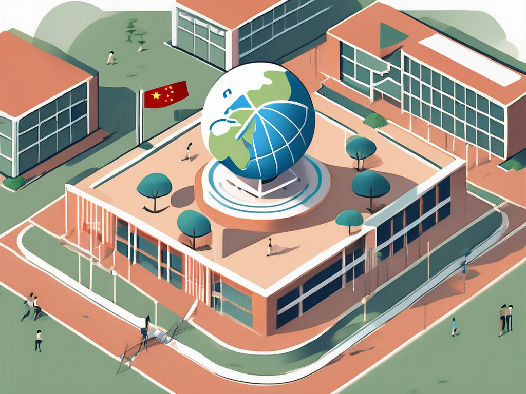 An international school building in china with various symbols of community engagement around it