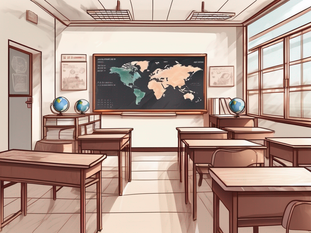 A classroom setting in china with various teaching tools like a chalkboard