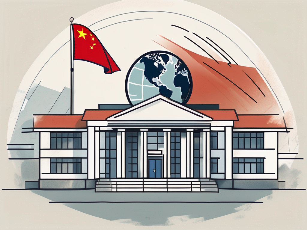 A school building with a chinese flag