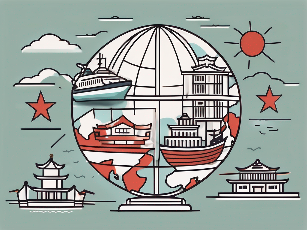 A globe focused on china with various symbolic icons like a school building