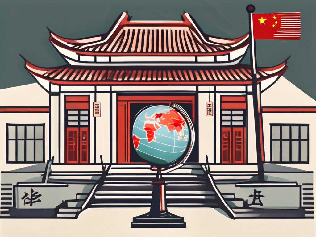 A traditional chinese school building surrounded by various symbolic items such as a suitcase