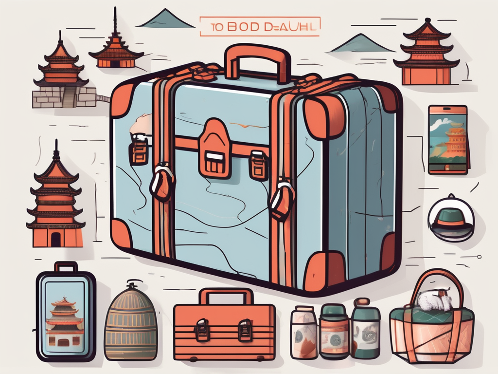 A suitcase filled with pet supplies such as a leash