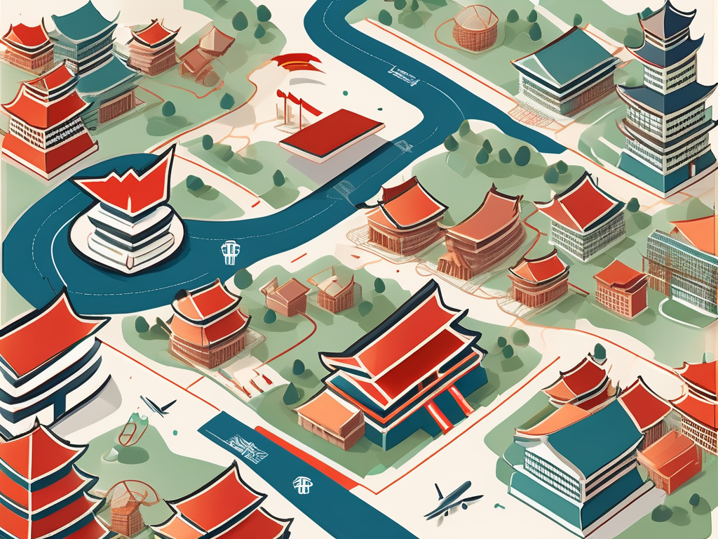 A variety of international school buildings scattered across a stylized map of china
