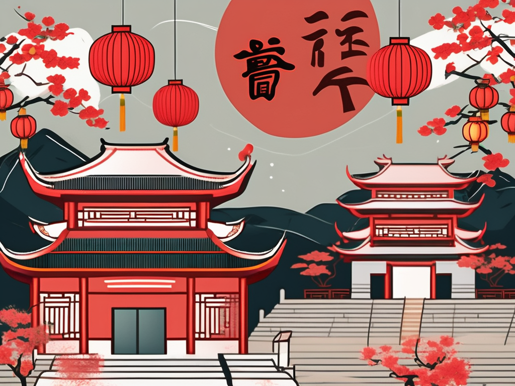 A traditional chinese school building surrounded by symbolic elements of chinese culture like lanterns