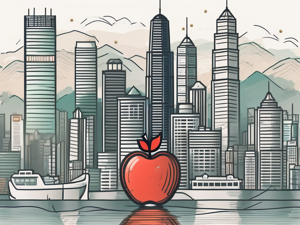 A traditional hong kong skyline with symbolic elements like an apple (for education)