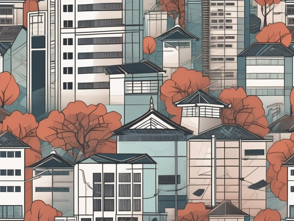 A diverse collection of school buildings representing different architectural styles from around the world