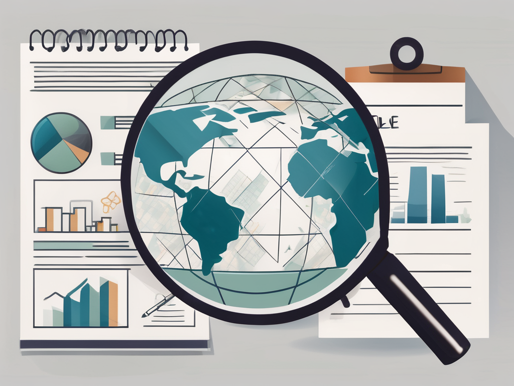A contract paper with a magnifying glass highlighting symbolic icons of five key points such as a globe for international