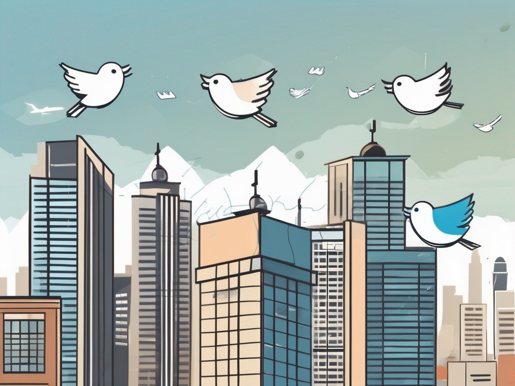 A diverse set of twitter bird icons flying out of a school building