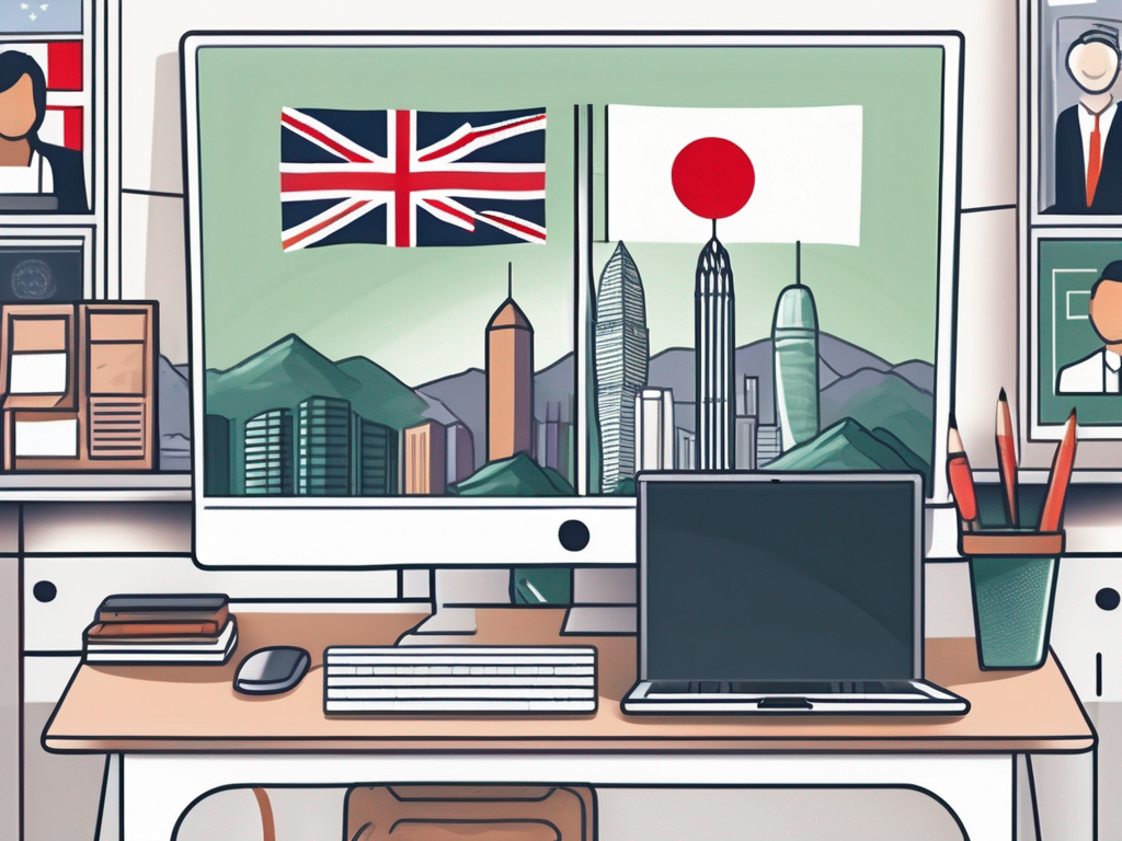 A laptop screen displaying a webinar with various international flags