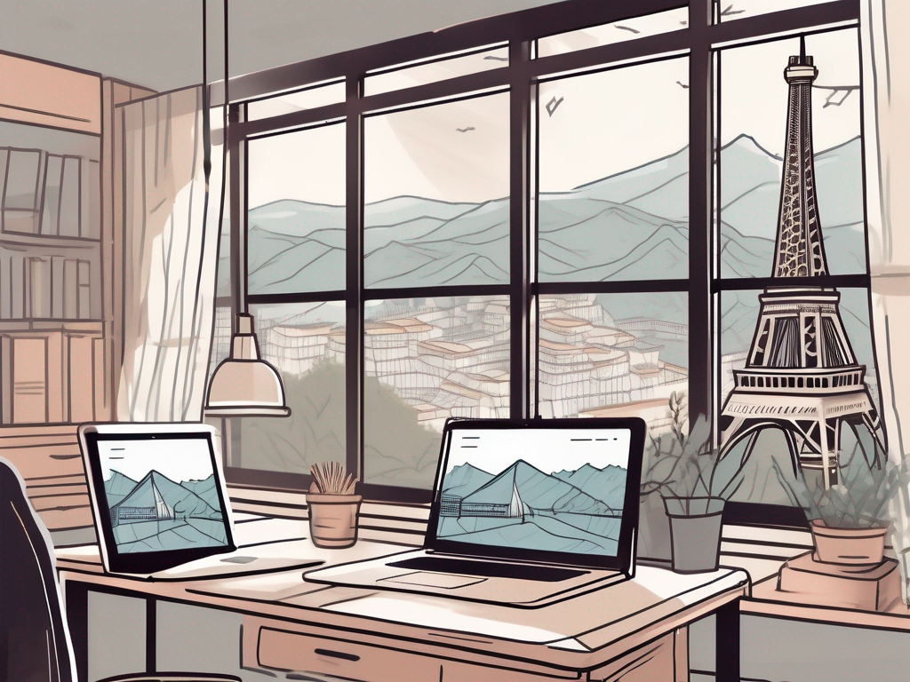 A digital classroom setting with various international landmarks