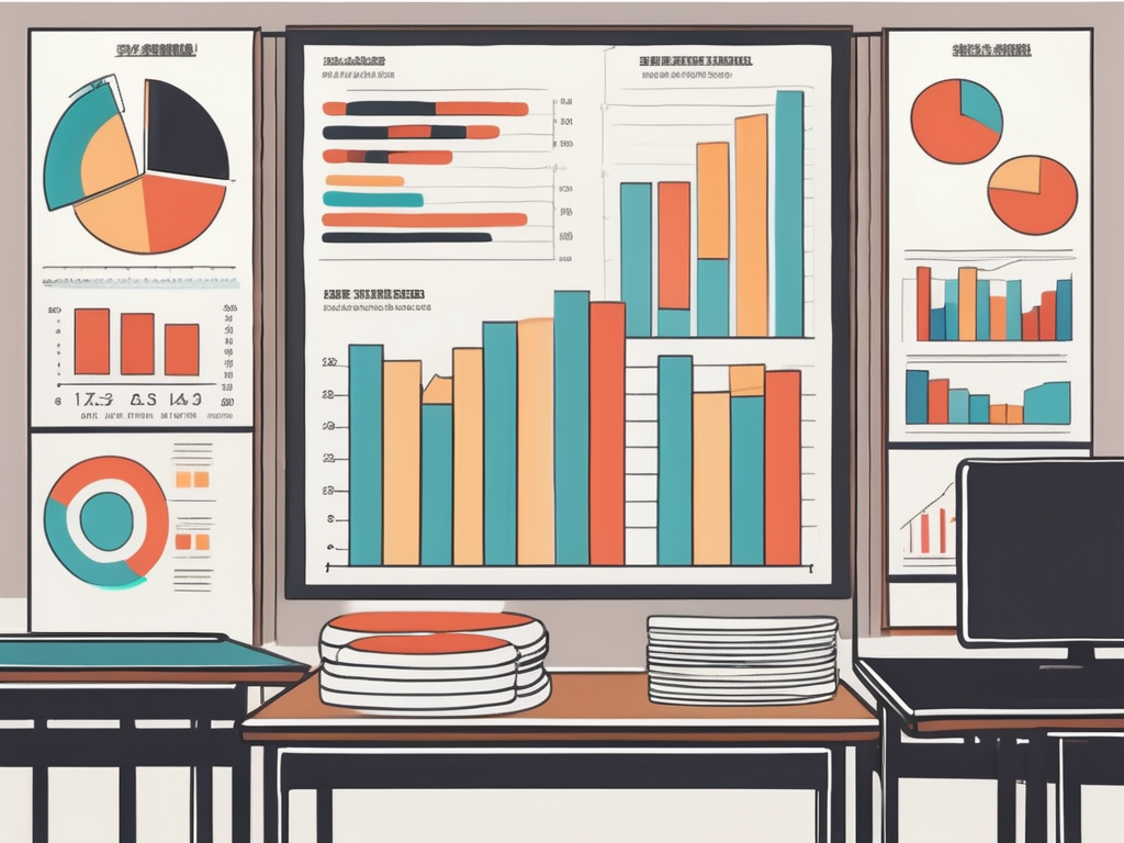 A classroom setting in hong kong with a chalkboard displaying various bar graphs and pie charts