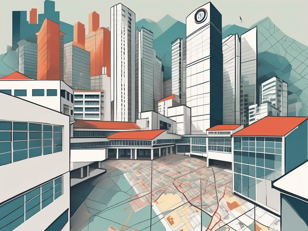 A variety of international school buildings scattered across a stylized map of hong kong