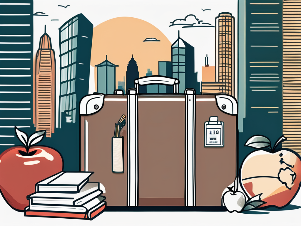 A suitcase filled with various educational items like books