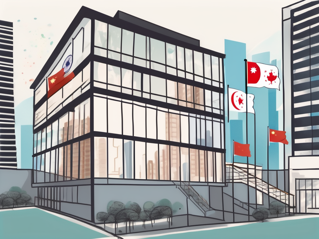 An international school building in hong kong with various national flags fluttering around it