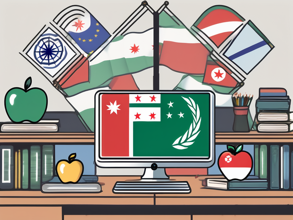 A peaceful classroom setting in hong kong with a computer displaying various mental health support symbols