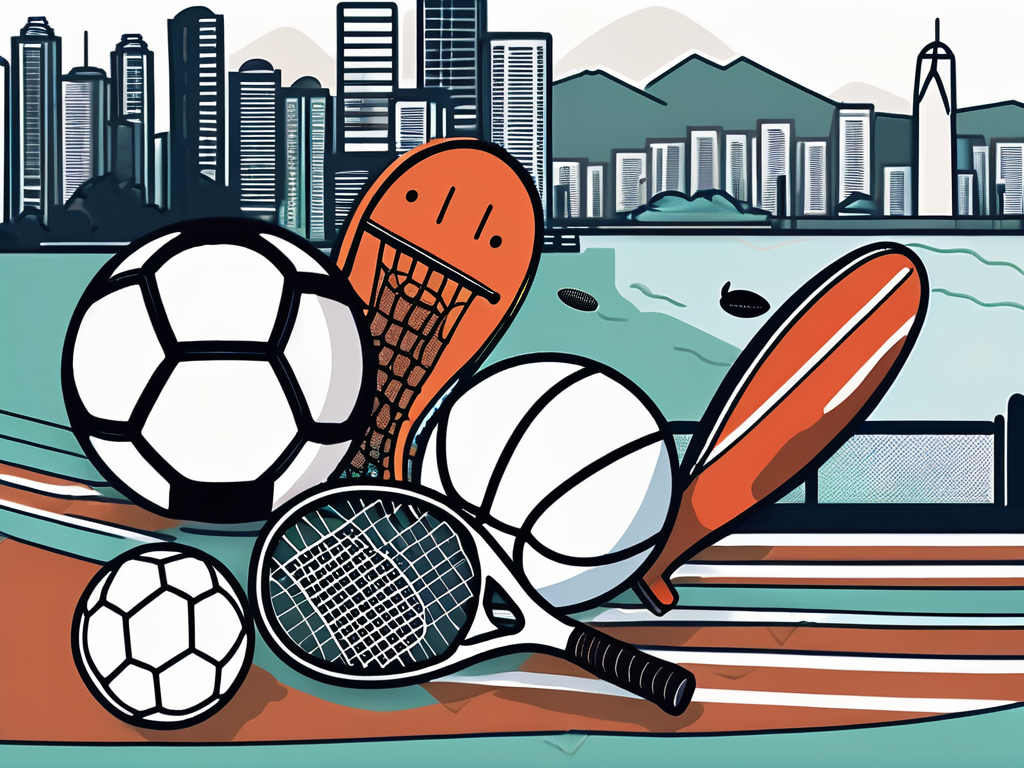 A variety of sports equipment like a soccer ball