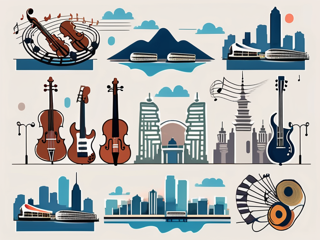 Various musical instruments like a violin