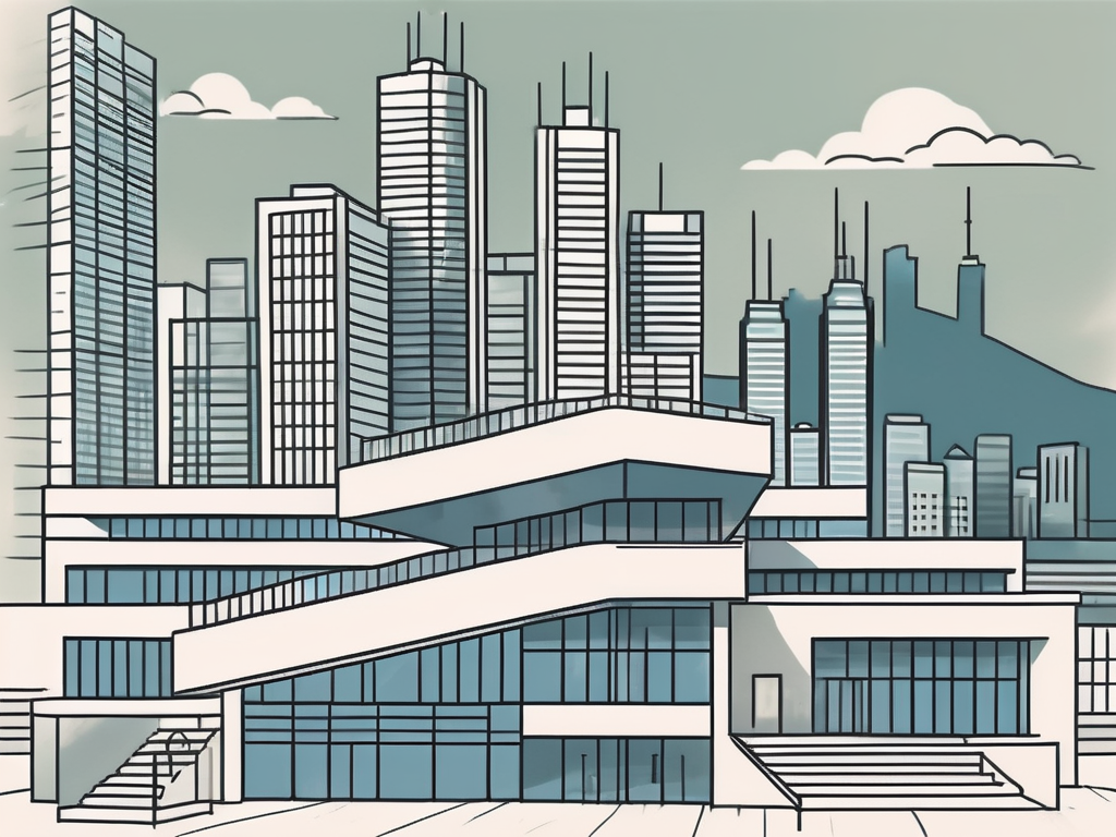 A school building with a hong kong skyline in the background