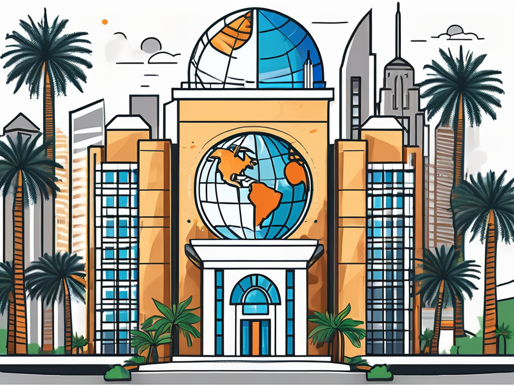 A modern international school building in dubai with a background of iconic city landmarks