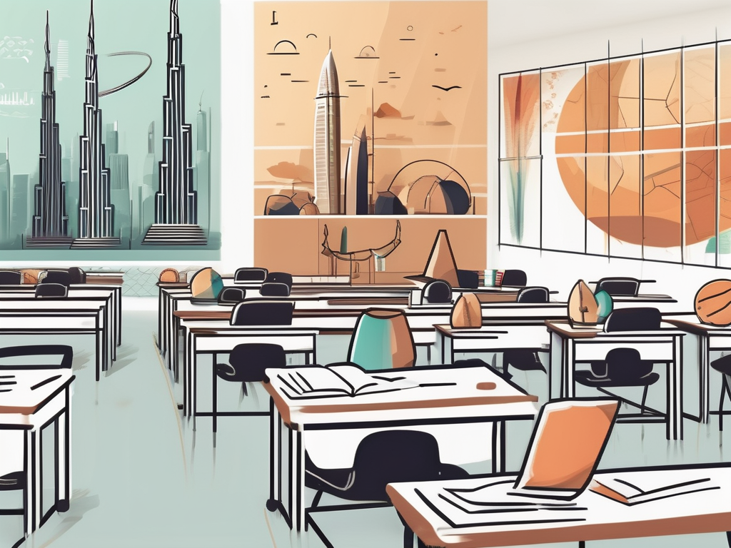 A classroom setting filled with diverse educational tools and symbols representing different cultures