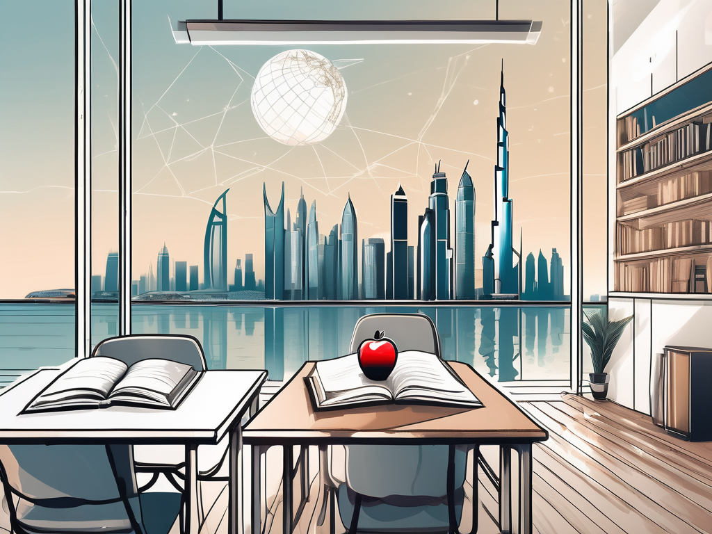 A modern classroom overlooking the iconic dubai skyline
