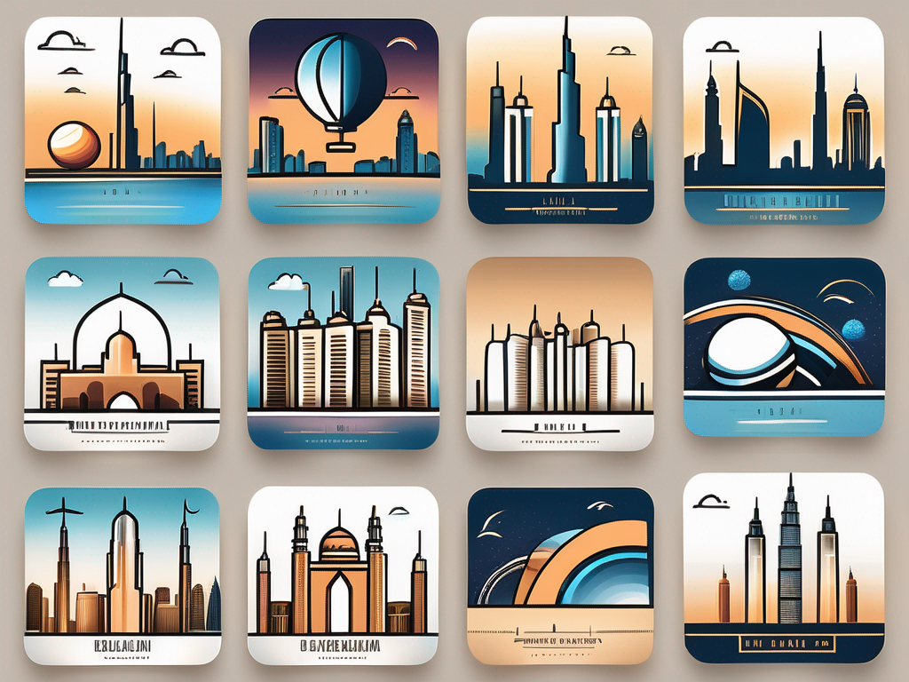 A diverse set of instagram icons placed over a stylized skyline of dubai