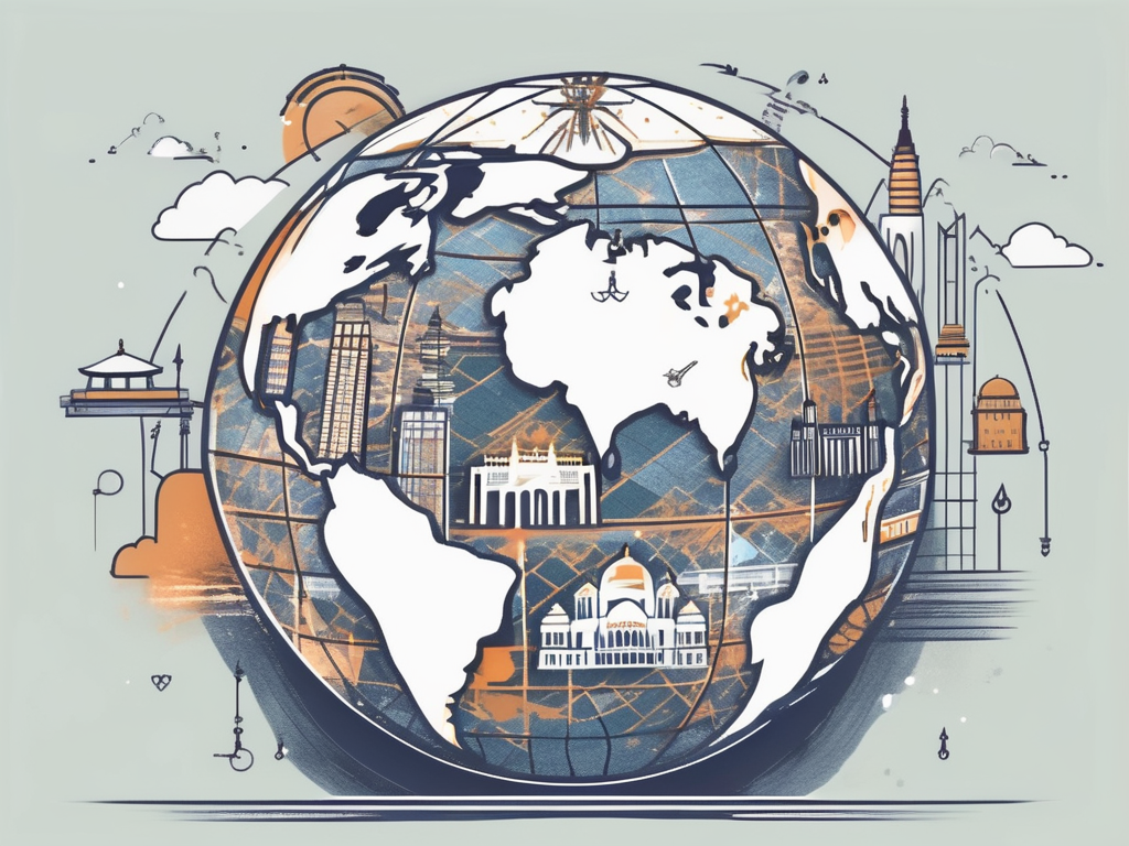 A key unlocking a globe that reveals various educational symbols and landmarks from malaysia