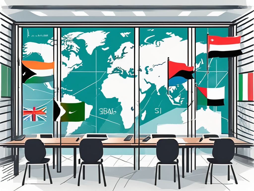 A modern classroom with a global map