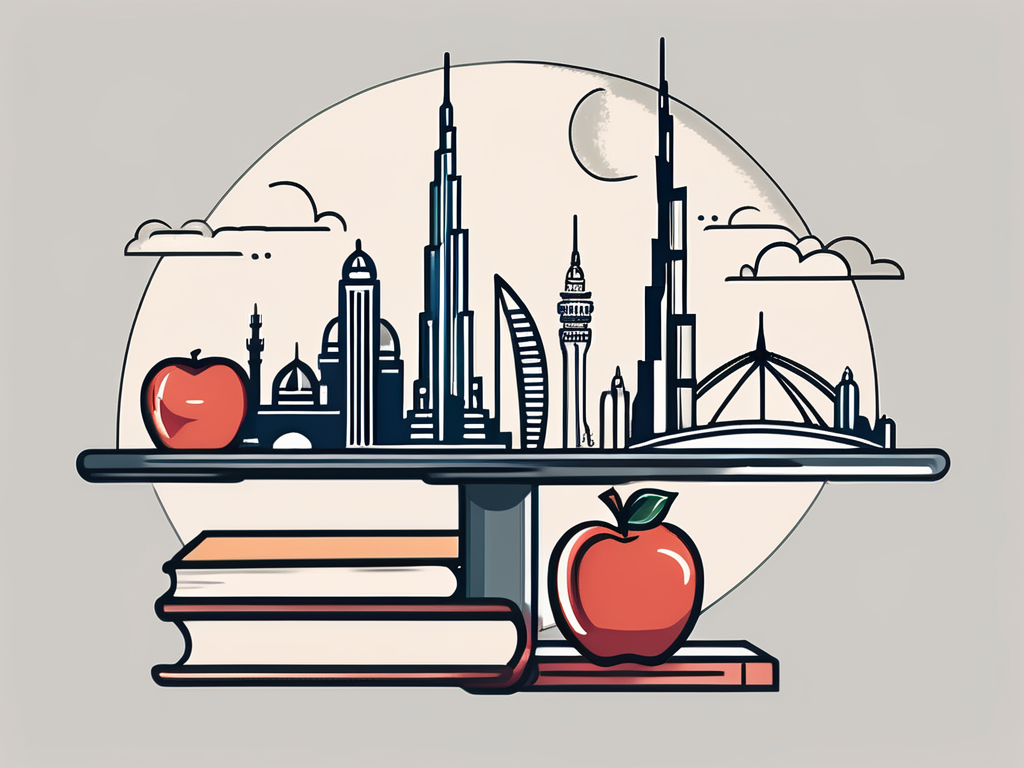 A balanced scale with one side holding iconic dubai landmarks (like the burj khalifa and palm jumeirah) and the other side holding symbols of teaching (like an apple