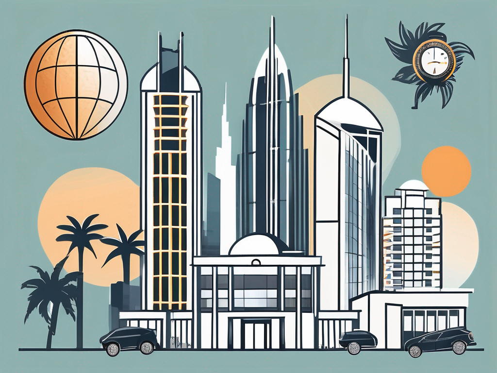 A variety of international school buildings in dubai's skyline with five distinct symbols representing different retirement plans