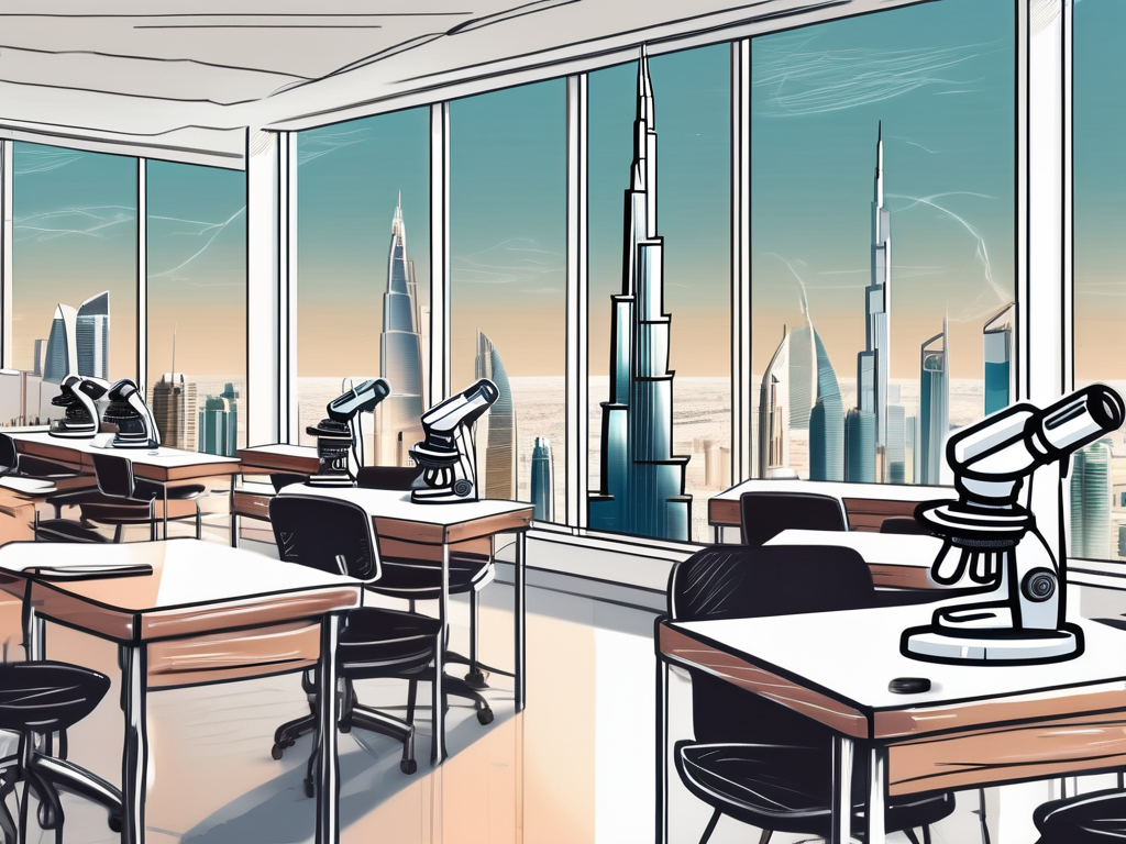 A modern classroom setting in dubai with various stem tools like microscopes