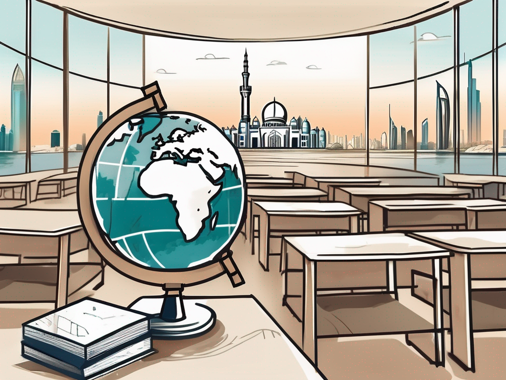 A classroom setting with iconic dubai landmarks in the background