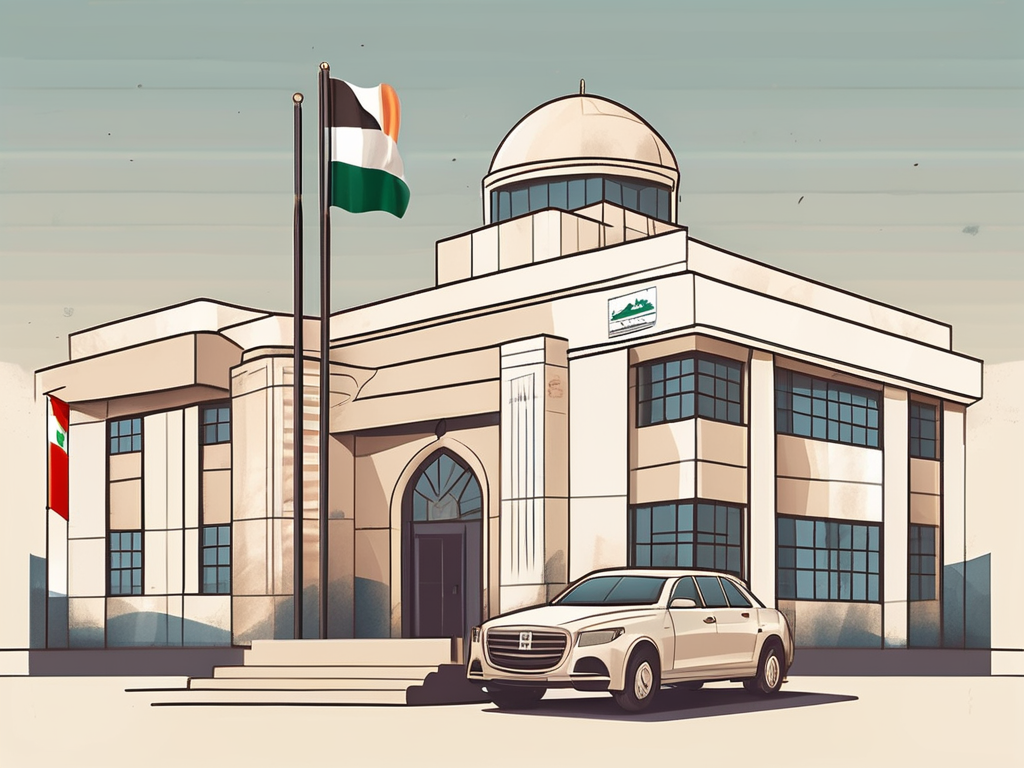 A traditional dubai school building with various international flags