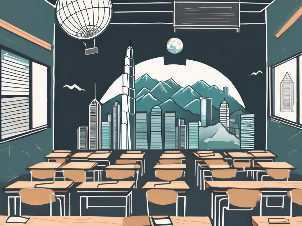 A classroom setting with iconic hong kong landmarks in the background
