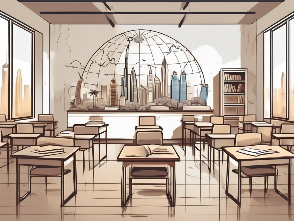 A classroom with various cultural symbols representing different nations