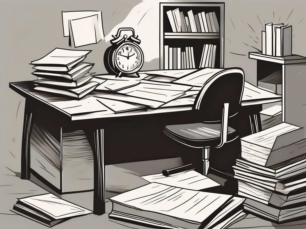 A teacher's desk overflowing with papers