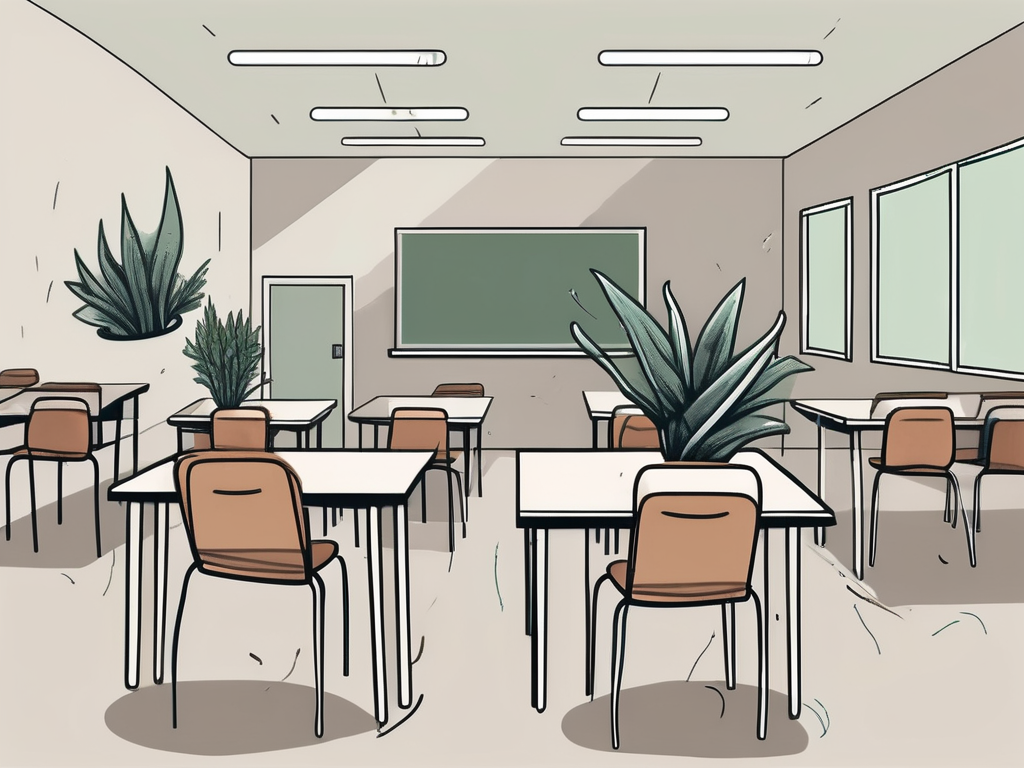 A classroom setting with empty chairs symbolizing teachers and a growing plant on each desk