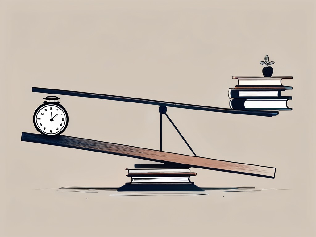 A seesaw with a pile of books on one side and a clock on the other